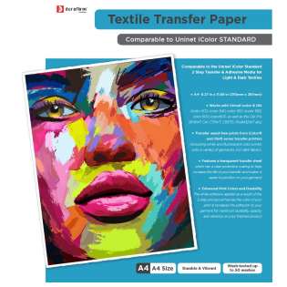 200 sheets A and B Media: DuraFirm 2 Step Transfer Paper - equivalent to Uninet icolor STANDARD Transfer Media and compatible with both iColor and OKI transfer printers (2 Step Transfer Media for Light andamp; Dark Textiles - A4 (210mm x 297mm) - includes